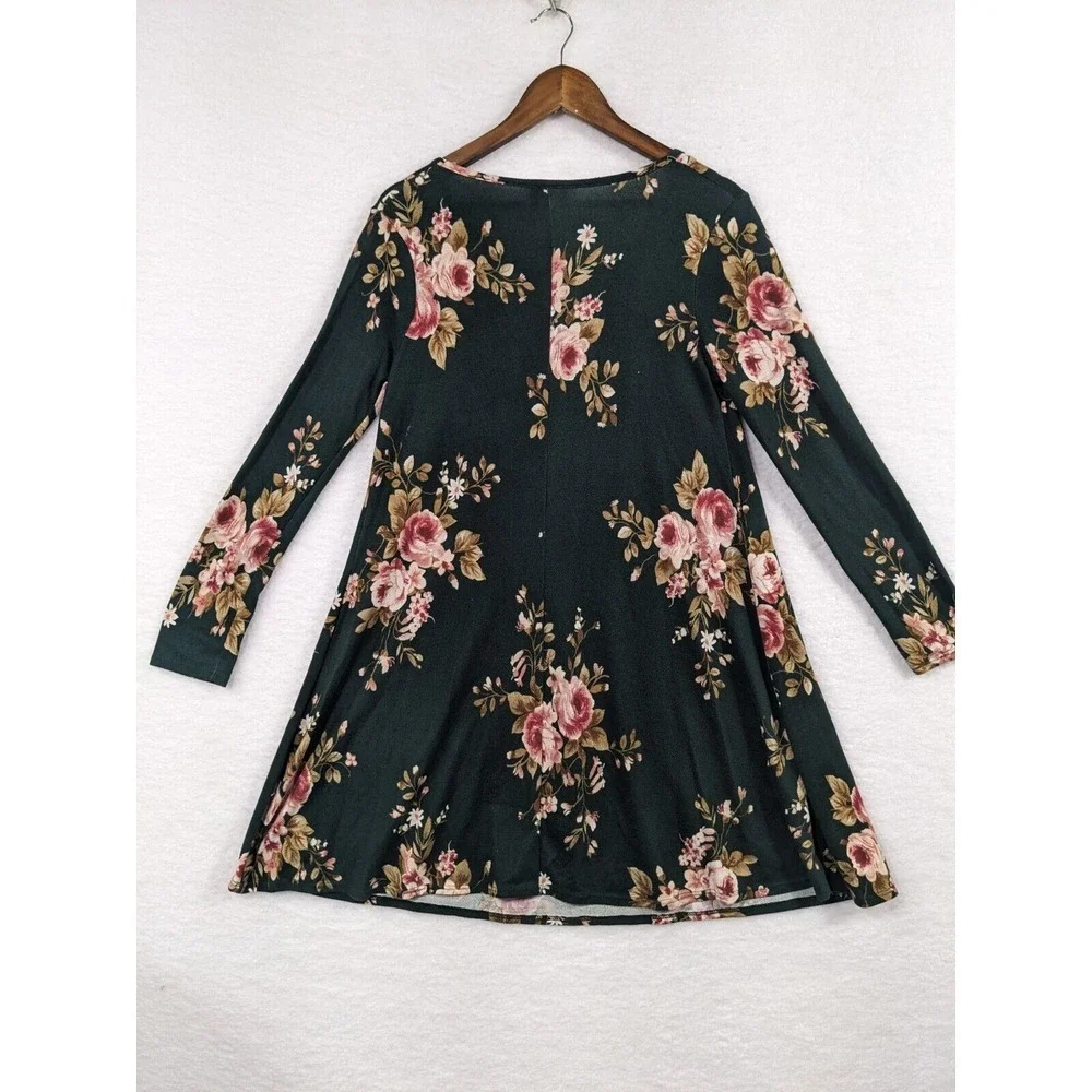 TMG Womens Pullover Long Sleeve Mini Dress‎ Black Floral L Made In USA